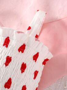 嬰兒愛心圖案褶邊打褶吊帶連體衣附髮帶 - 白色 - 查看 5