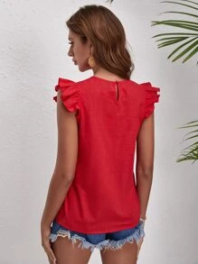 SHEIN VCAY Ruffle Trim Floral Embroidery Top - Red - View 2