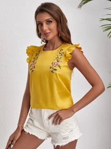 SHEIN VCAY Ruffle Trim Floral Embroidery Top - Yellow - View 1