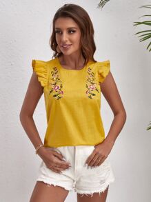 SHEIN VCAY Ruffle Trim Floral Embroidery Top - Yellow - View 3