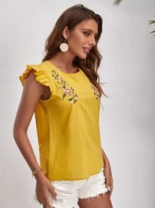 SHEIN VCAY Ruffle Trim Floral Embroidery Top - Yellow - View 5