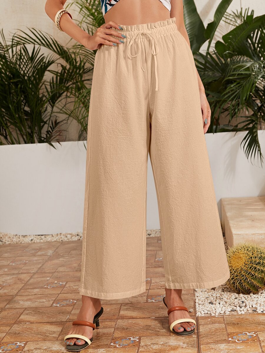 SHEIN VCAY Frilled Waist Solid Wide Leg Trousers - Khaki - View 1