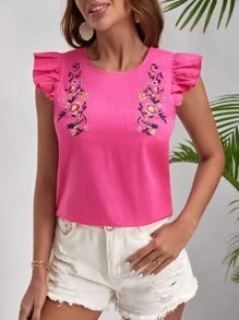 SHEIN VCAY Ruffle Trim Floral Embroidery Top - Pink - View 1