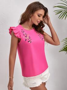 SHEIN VCAY Ruffle Trim Floral Embroidery Top - Pink - View 5