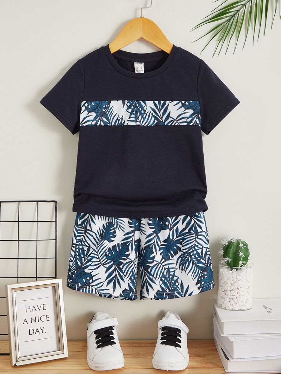 SHEIN Toddler Boys Tropical Print Tee & Shorts - Multicolor - View 1