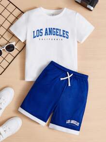 SHEIN 小男童字母圖案T恤和腰部抽繩短褲 - 寶藍色 - 查看 1