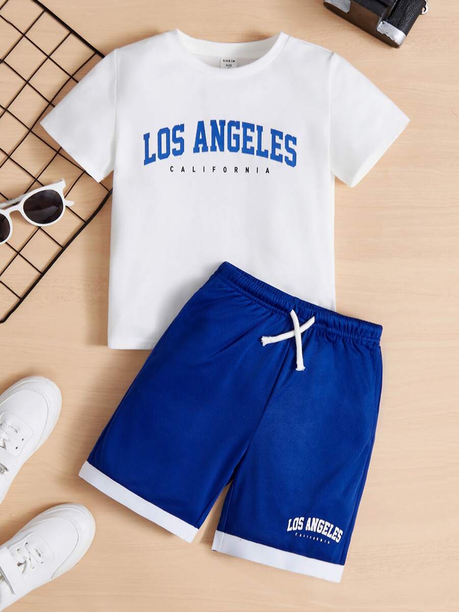 SHEIN 小男童字母圖案T恤和腰部抽繩短褲 - 寶藍色 - 查看 1
