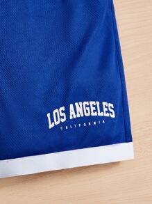 SHEIN 小男童字母圖案T恤和腰部抽繩短褲 - 寶藍色 - 查看 3