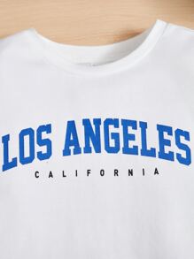 SHEIN 小男童字母圖案T恤和腰部抽繩短褲 - 寶藍色 - 查看 4