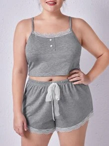 Conjunto de pijama de tirantes ribete con encaje - Gris Claro - Ver 1
