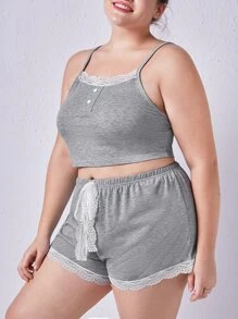 Conjunto de pijama de tirantes ribete con encaje - Gris Claro - Ver 4