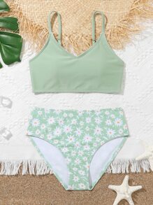 Tween Girl Floral Print Bikini Set Summer Beach - Green - View 1