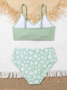 Tween Girl Floral Print Bikini Set Summer Beach - Green - View 2