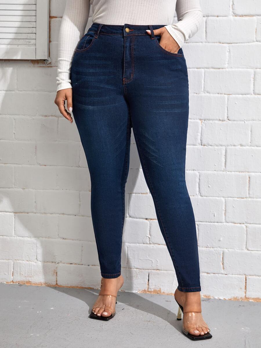 SHEIN 大碼深色水洗緊身牛仔褲 - 深色水洗藍 - 查看 1