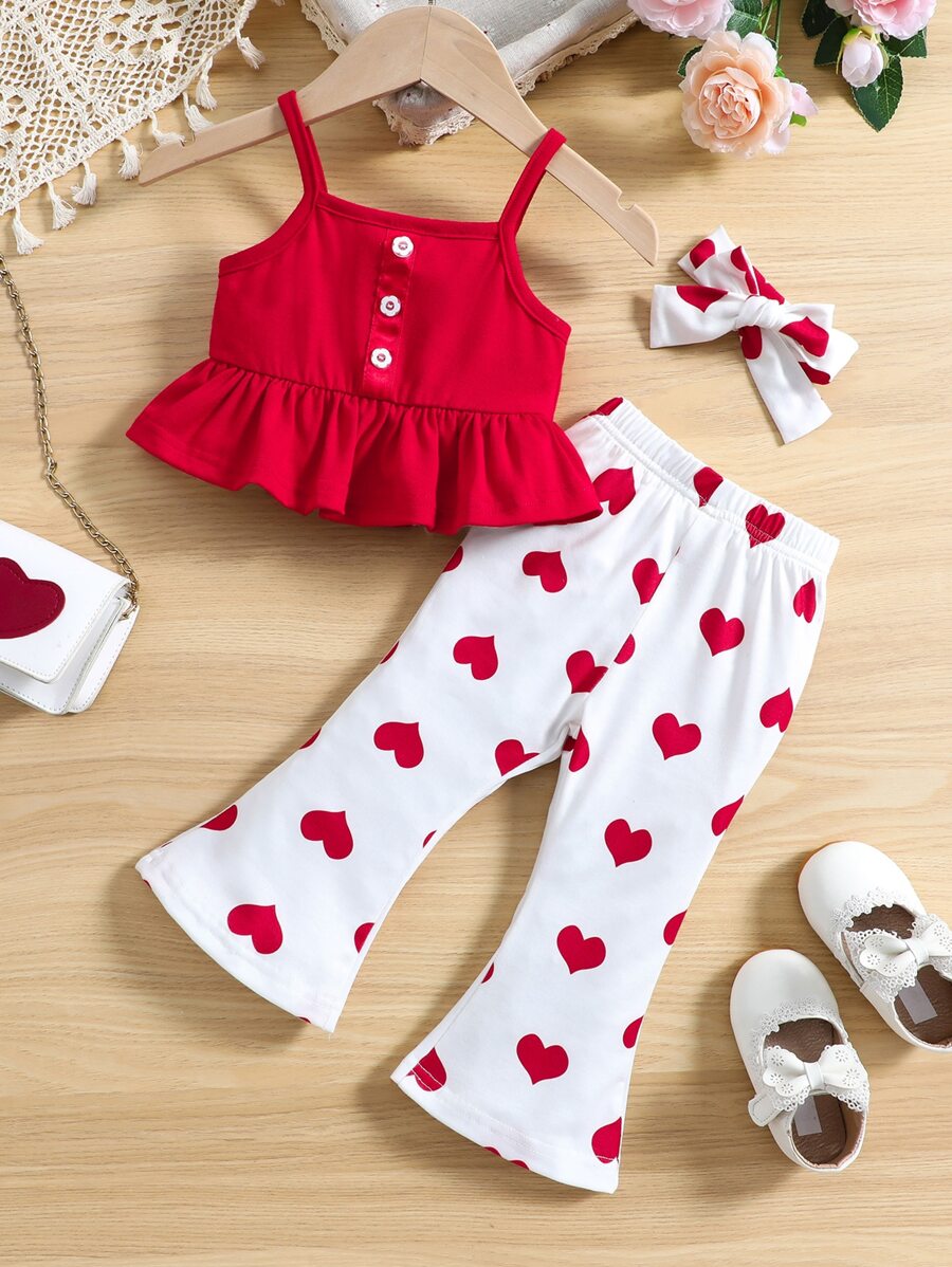 SHEIN Baby Girl Ruffle Hem Cami Top & Heart Print Flare Leg Pants & Headband - Red and White - View 1
