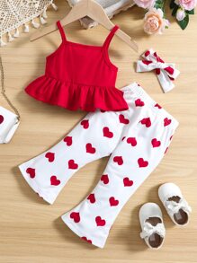 SHEIN Baby Girl Ruffle Hem Cami Top & Heart Print Flare Leg Pants & Headband - Red and White - View 2