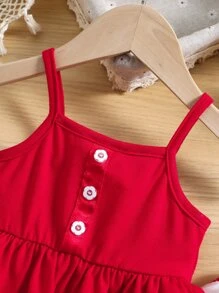 SHEIN Baby Girl Ruffle Hem Cami Top & Heart Print Flare Leg Pants & Headband - Red and White - View 3