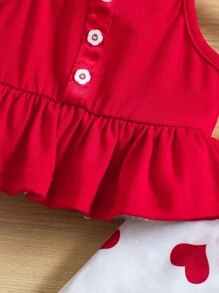 SHEIN Baby Girl Ruffle Hem Cami Top & Heart Print Flare Leg Pants & Headband - Red and White - View 4