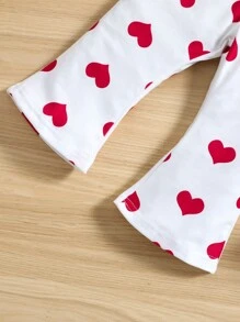 SHEIN Baby Girl Ruffle Hem Cami Top & Heart Print Flare Leg Pants & Headband - Red and White - View 6