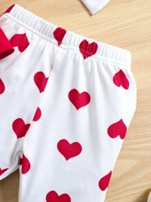 SHEIN Baby Girl Ruffle Hem Cami Top & Heart Print Flare Leg Pants & Headband - Red and White - View 7