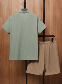 GENTILAND Loose Fit Men Lapel Neck Shirt And Drawstring Waist Shorts - Multicolor - View 2