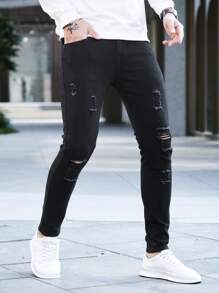 Manfinity Hombres Jeans ajustados desgarro crudo - Negro - Ver 1