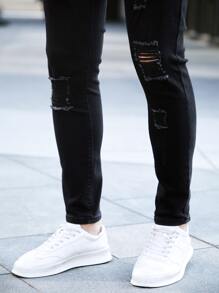 Manfinity Hombres Jeans ajustados desgarro crudo - Negro - Ver 3