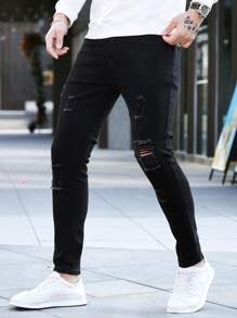 Manfinity Hombres Jeans ajustados desgarro crudo - Negro - Ver 5