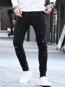 Manfinity Hombres Jeans ajustados desgarro crudo - Negro - Ver 6