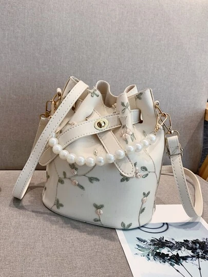 花卉刺繡珍珠裝飾水桶包帶內袋