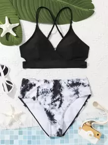 SHEIN 少女扎染镂空交叉比基尼套装夏季海滩