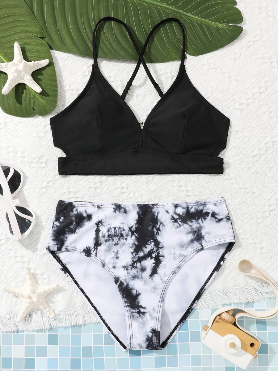 SHEIN 少女扎染镂空交叉比基尼套装夏季海滩