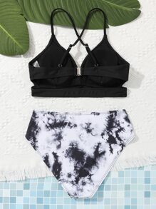 SHEIN 少女扎染镂空交叉比基尼套装夏季海滩