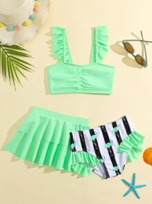 3 paquetes Conjunto de bikini con pliegues y volantes para niña joven, verano playa - Multicolor - Ver 1