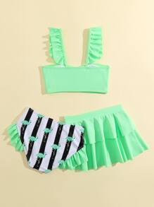 3 paquetes Conjunto de bikini con pliegues y volantes para niña joven, verano playa - Multicolor - Ver 2