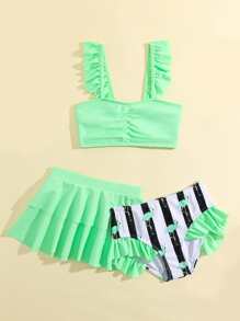 3 paquetes Conjunto de bikini con pliegues y volantes para niña joven, verano playa - Multicolor - Ver 5
