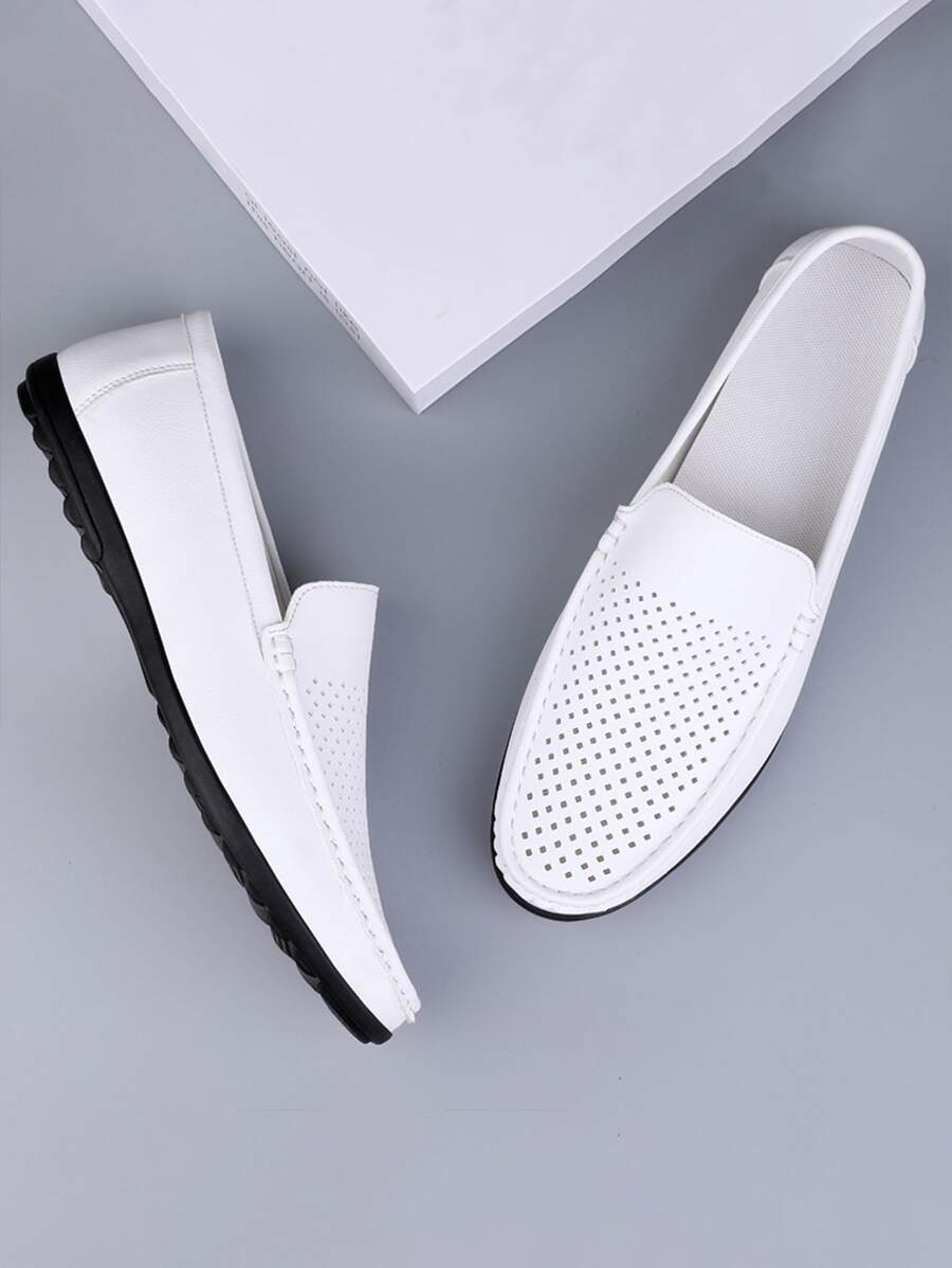 男士鏤空設計一腳蹬白色休閒樂福鞋 - 白色 - 查看 1