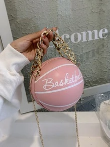 Mini Letter Print Chain Circle Bag - Pink - View 1