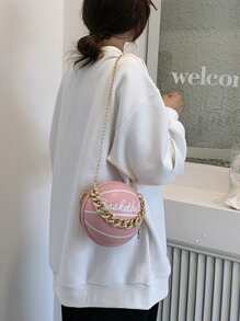 Mini Letter Print Chain Circle Bag - Pink - View 2
