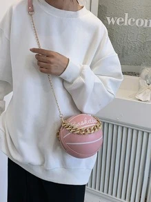 Mini Letter Print Chain Circle Bag - Pink - View 5