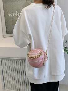Mini Letter Print Chain Circle Bag - Pink - View 6