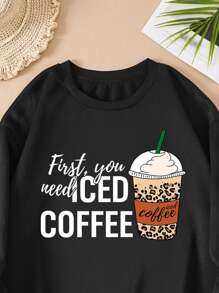 SHEIN LUNE Plus Coffee & Slogan Graphic Thermal Pullover - Black - View 3