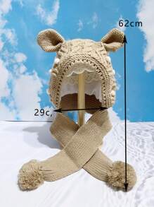 Girls Ear & Pom Pom Decor Hat With Scarf - Coffee Brown - View 7