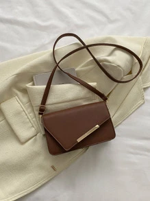 Minimalist Metal Decor Flap Square Bag - Chocolate Brown - View 3