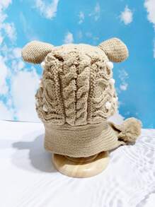 Girls Ear & Pom Pom Decor Hat With Scarf - Coffee Brown - View 8