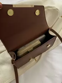 Minimalist Metal Decor Flap Square Bag - Chocolate Brown - View 5