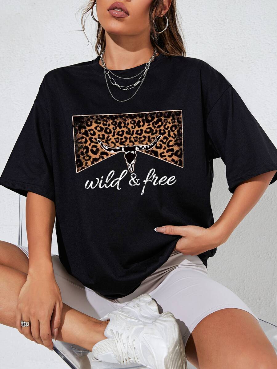 SHEIN EZwear Camiseta de hombros caídos de leopardo & con estampado de letra - Negro - Ver 1