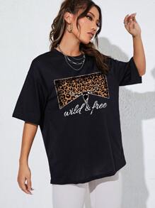 SHEIN EZwear Camiseta de hombros caídos de leopardo & con estampado de letra - Negro - Ver 4