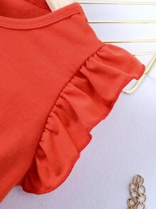 Summer,Holiday,Traveler Young Girl Heart Print Ruffle Trim Dress - Red and White - View 7