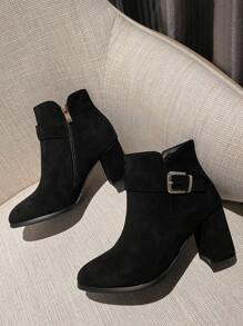 Buckle Decor Faux Suede Chunky Heeled Boots - Black - View 2